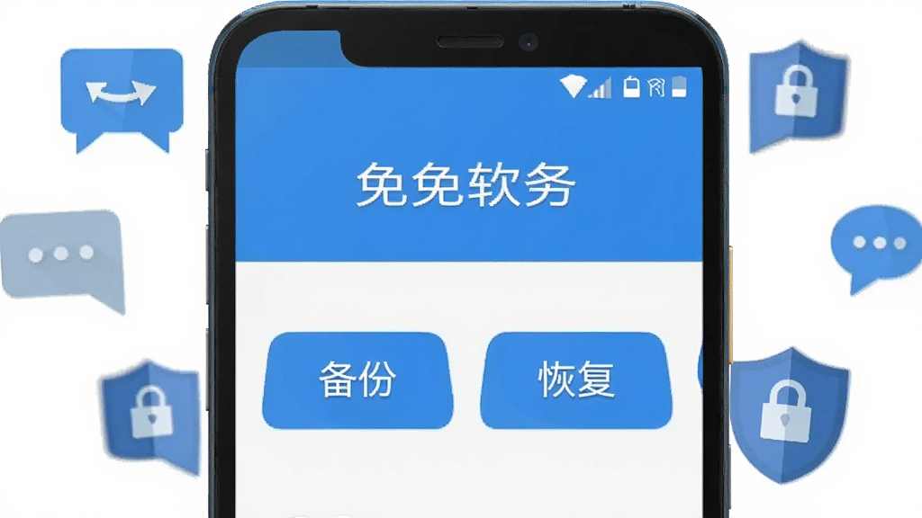画面主体是一部安卓手机屏幕居中显示聊天记录全免备份软件主界面,界面中有备份与恢复两个大按钮;布局采用上下结构上方为软件名称文字下方为功能按钮区;排版简洁居中;风格为扁平化科技蓝配色;细节包括手机周围环绕聊天气泡图标和盾牌安全图标;画质清晰干净无多余元素