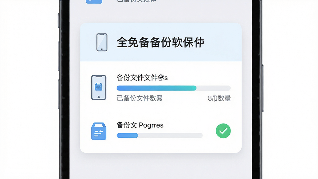 画面主体为聊天记录全免备份软件的全量备份进度界面,屏幕中央显示备份进度条和已备份文件数量;布局为居中卡片式;排版上下分层上方标题下方进度信息;风格为清爽浅色系扁平设计;细节包括手机图标、数据包图标和勾选标记;画质清晰干净无多余元素