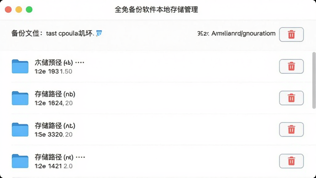 画面主体为聊天记录全免备份软件的本地存储管理页面,展示备份文件列表和存储路径信息;布局为列表式上下排列;排版左对齐;风格为素雅极简白底设计;细节包括文件夹图标、文件大小标注和删除按钮;画质清晰干净无多余元素
