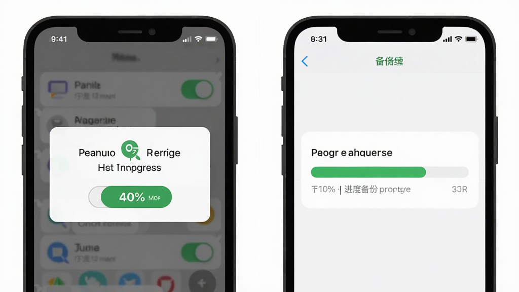 画面主体为聊天记录全免备份软件的操作步骤示意图,手机屏幕上显示权限授予弹窗和备份进度界面;布局为左右分栏左侧权限弹窗右侧进度条;排版清晰对比;风格为扁平化教程图示风格;细节包括权限开关图标、进度百分比和提示文字;画质清晰干净无多余元素