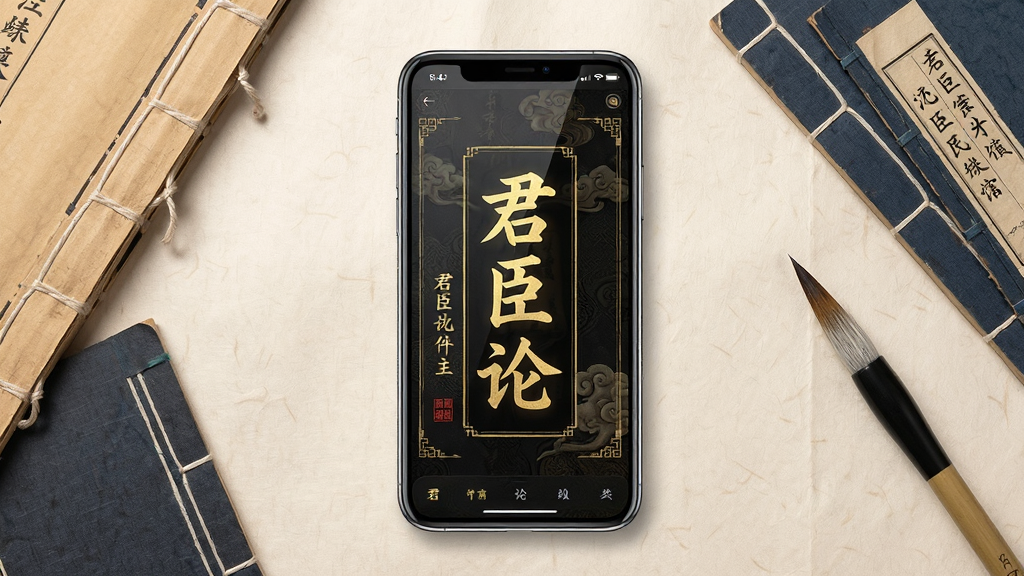 画面中央摆放一部智能手机,屏幕显示君臣论软件主界面,界面为古典风格排版,深色底纹配金色文字,手机周围散落几本线装古籍与一支毛笔,背景为浅米色宣纸质感,整体构图居中对称,风格为写实产品展示,细节包含手机边框反光、书页纹理清晰,画质高清,画面干净,无多余元素