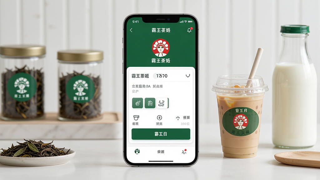 画面中央放置一部智能手机,屏幕显示霸王茶姬APP点单界面,背景为简洁的茶饮制作台,摆放原叶茶罐与鲜奶瓶,整体布局居中对称,风格清新现代,细节包含绿色品牌色调与饮品杯身,画质清晰锐利,干净无多余元素