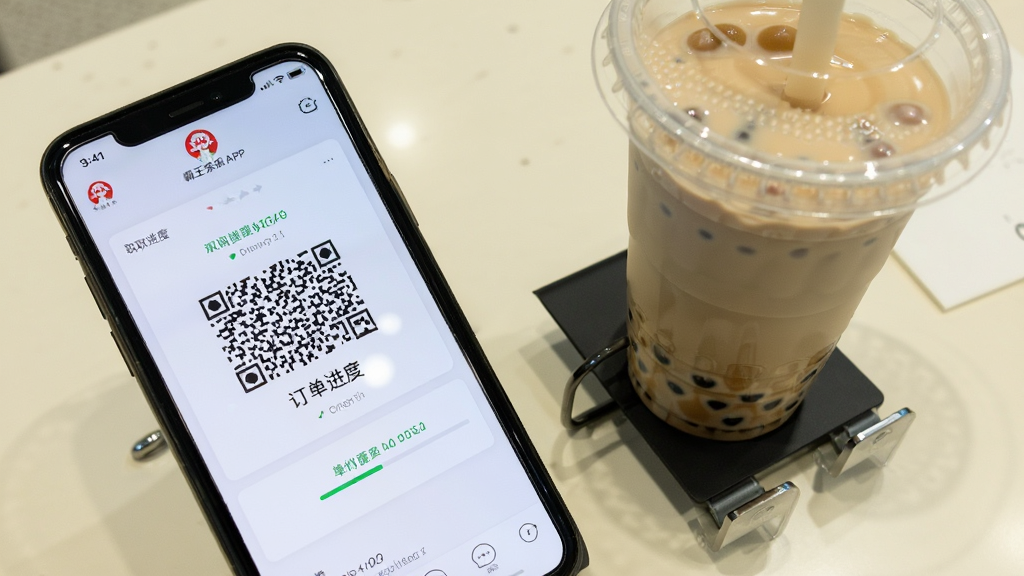 手机屏幕显示霸王茶姬APP取餐码页面与订单进度条,旁边放置一杯奶茶和手机支架,背景为简洁浅色桌面,布局为斜角俯拍,风格清爽实用,细节突出取餐码数字与进度提示,画质清晰,画面干净
