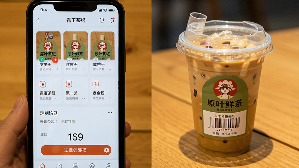 手机屏幕展示霸王茶姬APP菜单列表与定制选项,旁边放置一杯做好的原叶鲜奶茶,背景为暖色调木质桌面,布局采用左右分栏,风格生活化实拍感,细节突出饮品杯贴与取餐码界面,画质高清,干净整洁