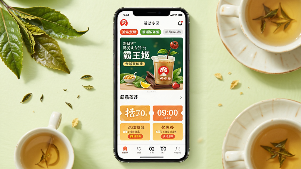 手机界面呈现霸王茶姬APP活动专区页面,展示新品海报与优惠券卡片,周围点缀茶叶与茶杯元素,布局为居中构图,风格明亮活泼,细节包含活动标签与倒计时模块,画质细腻,画面干净无杂乱