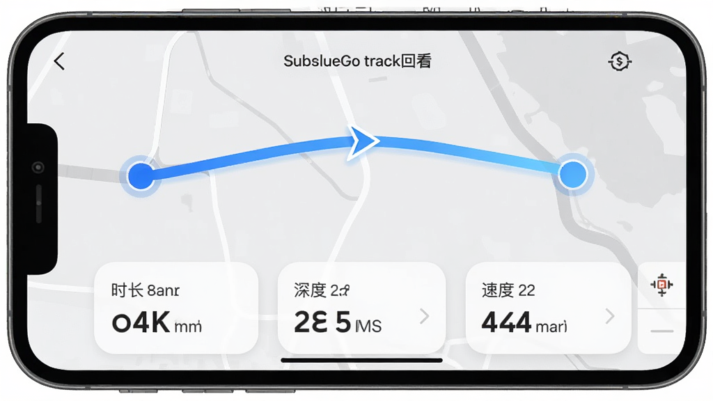 手机屏幕显示SublueGo轨迹回看页面,地图上绘制出一条蓝色渐变路径线,路径起点与终点分别用圆形标记,地图下方排列着时长、深度、速度三组数据卡片,背景为浅灰色地图底图,界面风格素雅清晰,细节包括路径线带有方向箭头、数据卡片圆角柔和,画质干净无噪点