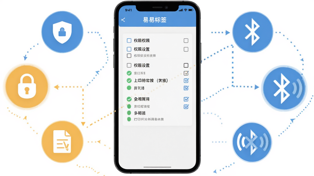 主体为手机屏幕显示易标签软件的权限设置与打印连接界面,布局为手机居中,周围有权限图标与蓝牙信号标识环绕,排版呈现问题排查的视觉引导感,风格为信息图表式扁平设计,细节包含勾选选项与连接状态指示,画质高清,干净,无多余元素