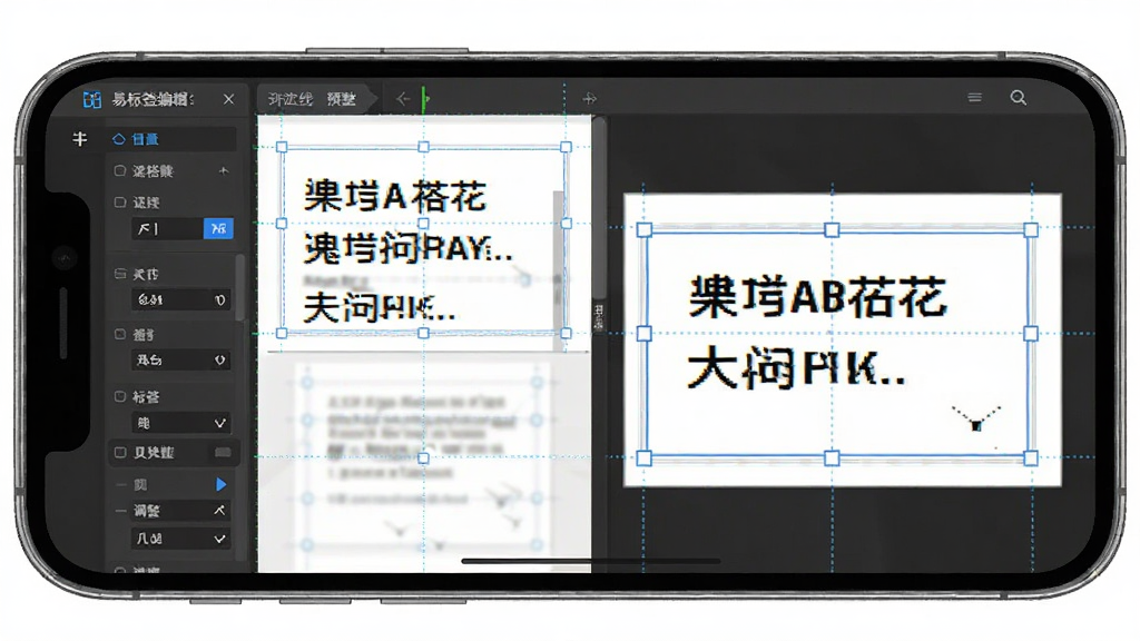 主体为易标签软件的标签编辑界面截图,屏幕中展示文字排版与标签尺寸调整选项,布局为手机横屏展示编辑区域,排版左侧为参数面板右侧为预览窗口,风格为清爽工具类界面设计,细节包含标签边框与文字对齐线,画质高清,干净,无多余元素