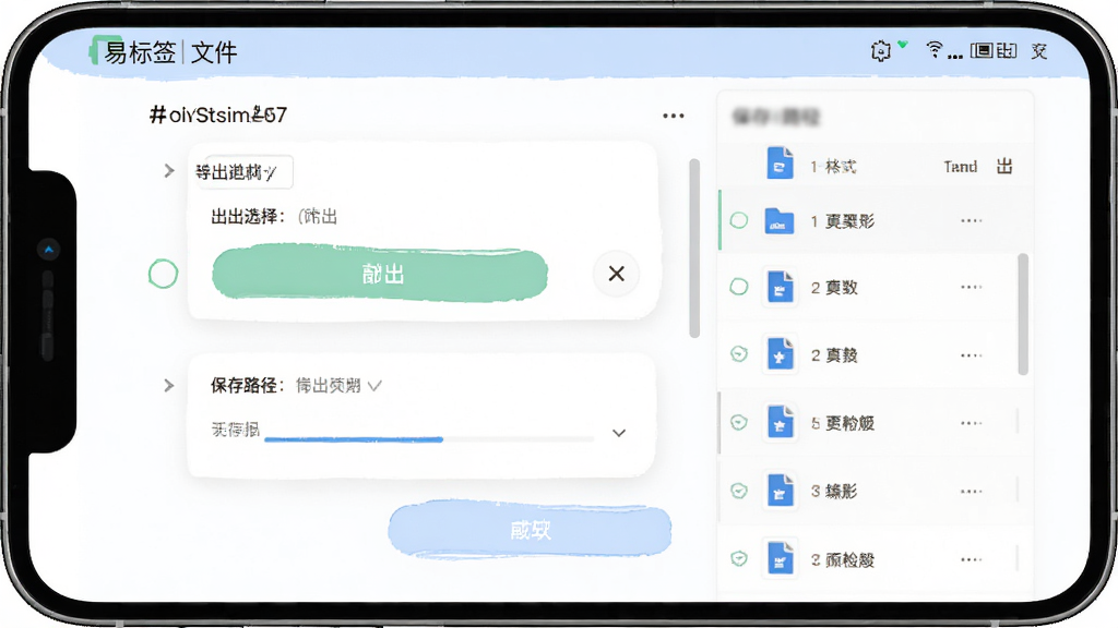 主体为易标签软件的文件导出界面,屏幕中展示导出格式选择与保存路径选项,布局为手机竖屏居中展示,排版突出导出按钮与文件列表,风格为简洁明快的应用界面设计,细节包含文件图标与进度条元素,画质高清,干净,无多余元素