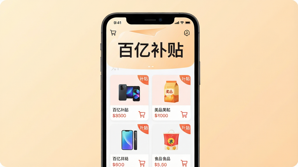 主体为一部智能手机居中摆放,屏幕内展示简洁的购物应用首页界面,上方有