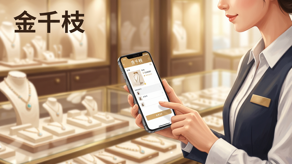 画面主体是一位珠宝店销售人员手持手机进行开单操作,手机屏幕显示商品选择与订单确认界面;布局为人物半身位于画面右侧,左侧为虚化的珠宝柜台背景;排版突出手机屏幕内容,顶部留出空间写软件名称“金千枝”;风格为写实商务摄影感插画,色调温暖明亮;细节上人物手指点击屏幕、柜台内首饰陈列整齐、光线柔和;画质清晰、画面干净、无多余元素