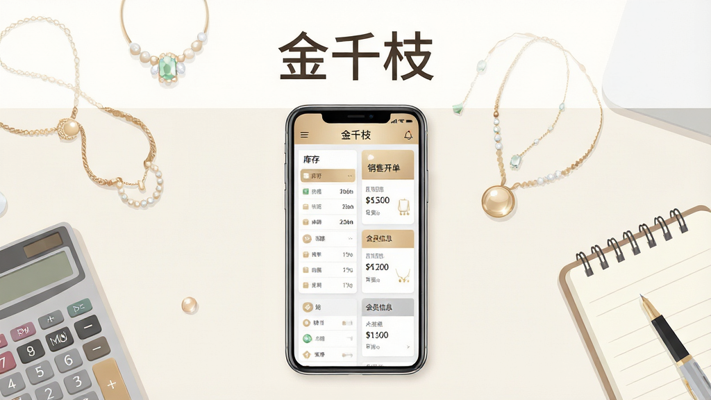 画面主体是一部智能手机竖屏展示珠宝零售管理软件界面,界面中包含库存列表、销售开单、会员信息等模块化卡片;布局为手机居中放置于干净的浅色桌面,周围点缀少量珠宝首饰与计算器、记事本等办公物件;排版简洁有序,上方留白用于放置软件名称文字“金千枝”;风格为现代商务扁平化插画风,色调以香槟金、米白与浅灰为主;细节上界面图标清晰、数据条块分明、首饰反光自然;画质高清、画面干净、无多余元素