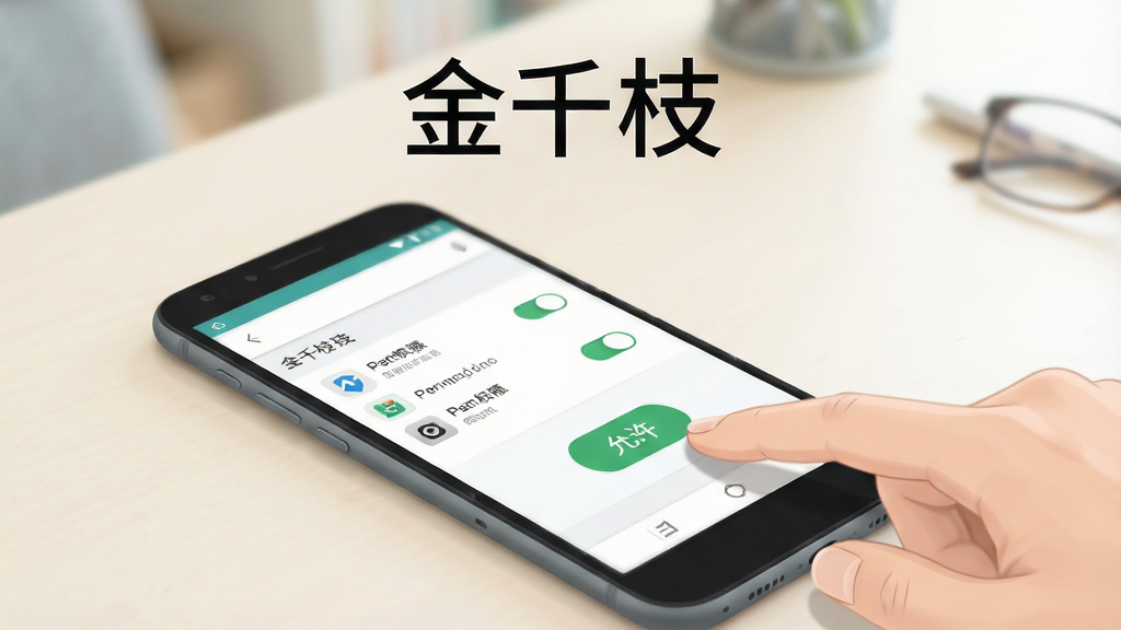 画面主体是一部安卓手机屏幕显示应用权限设置界面,旁边有手指点击“允许”按钮的动作;布局为手机斜放在浅色桌面,背景虚化;排版上方留白写软件名称“金千枝”;风格为简洁操作示意插画,色调清爽;细节上权限开关清晰、图标规整、光影自然;画质高清、画面干净、无多余元素