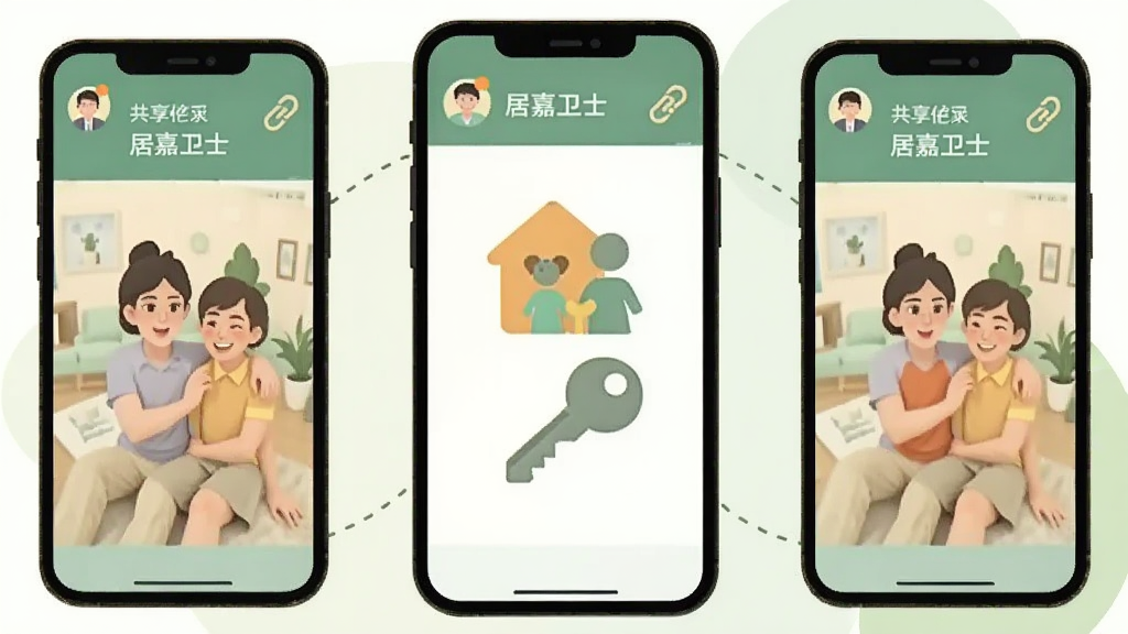 画面中三部手机围成一个圆形,每部手机屏幕上都显示同一个居嘉卫士监控画面,三部手机之间用虚线连接,圆形中央有一个家庭图标和一把钥匙图标,背景为浅绿色柔和色块,风格为温馨扁平插画,细节包含用户头像小圆标和共享链接符号,画质清晰干净,无多余元素