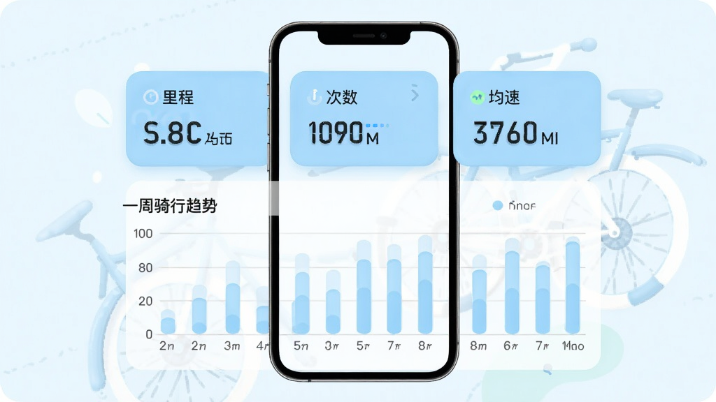 手机屏幕居中显示数据统计页,上方三张并排数据卡片分别写着里程、次数、均速,下方柱状图呈现一周骑行趋势,画面采用上下分层布局,风格为清新数据面板插画,细节包含浅蓝柱体与圆角卡片,画质干净,无多余元素