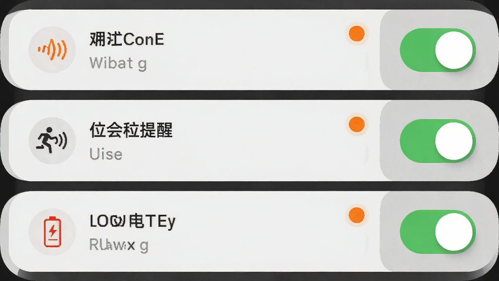 手机界面展示通知中心列表,三条消息卡片分别带有震动报警、位移提醒、低电量图标,右侧有开关按钮处于开启状态,画面采用左文右开关的列表布局,风格为柔和圆角卡片插画,细节包含橙色警示小圆点与灰色分割线,画质清晰,无多余元素