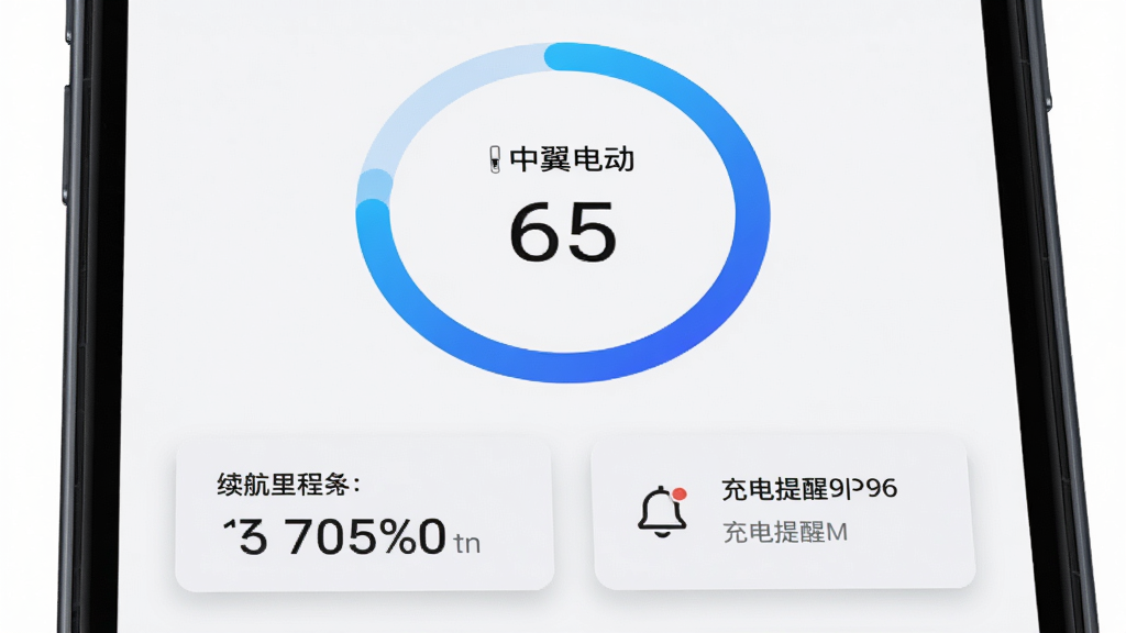 手机屏幕特写居中展示“中翼电动”电量页面,环形进度条显示百分之六十五,下方排列续航里程数字卡片与充电提醒小铃铛图标,画面采用居中排版、四周留白,风格为极简数据可视化界面,细节包含蓝色渐变进度环与浅灰卡片阴影,画质清晰干净,无多余元素