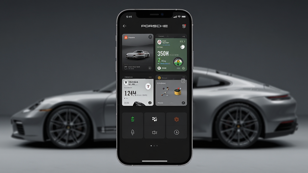 画面中央放置一部智能手机,手机屏幕上显示保时捷(Porsche)应用界面,界面包含车辆状态卡片与远程控制按钮,手机后方虚化展示一辆流线型保时捷跑车侧影,整体采用深灰与银色商务科技风格,布局简洁居中,细节突出屏幕UI与车身光泽,画质清晰锐利,干净无多余元素