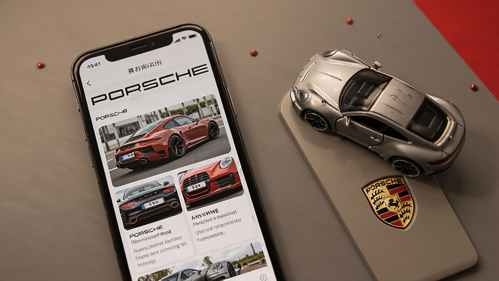手机屏幕显示保时捷(Porsche)应用资讯页面,页面中有跑车图片与新闻卡片,手机旁边摆放保时捷车模与品牌徽标,整体采用暖灰与红色点缀的商务风格,布局均衡,细节精致,画质清晰干净