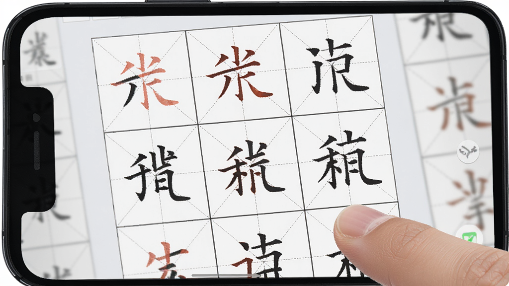 练字大师应用内字帖生成界面,画面主体为手机屏幕显示自定义字帖预览,屏幕上整齐排列田字格与描红汉字,布局采用居中构图,风格现代简约,细节包括浅色界面、清晰的字格线条、屏幕旁有手指点击操作,画质高清干净,无多余元素