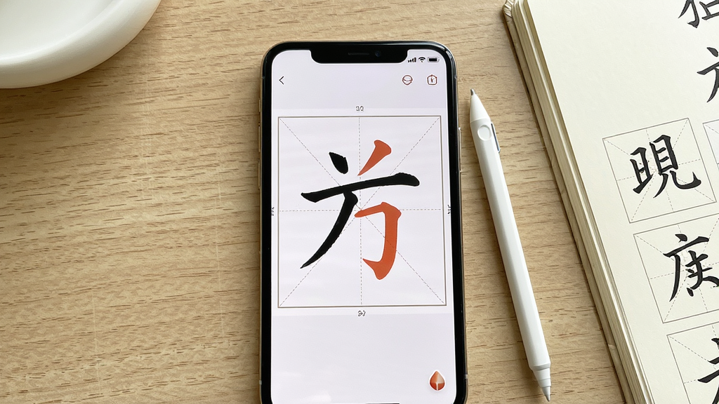 一张展示练字大师应用界面的手机截图,画面中央是手机屏幕,屏幕上显示田字格字帖与描红汉字,旁边放置一支触控笔和一本翻开的练字本,布局简洁居中,风格清新明亮,细节包括米白色背景、木质桌面纹理、柔和自然光,画质清晰干净,无多余元素