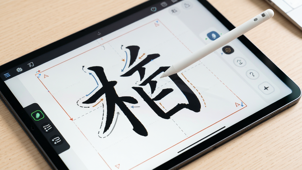 练字大师屏幕临摹练习场景,画面主体为平板电脑屏幕显示描红练习界面,屏幕上有一个正在书写的汉字与临摹轨迹,布局为斜角俯视构图,风格清爽干净,细节包括触控笔悬停在屏幕上方、界面有笔顺提示按钮、背景为浅色桌面,画质清晰明亮,无多余元素