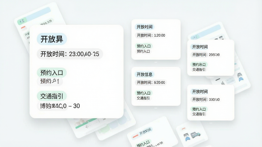 一张信息聚合界面的示意图,画面主体为悬浮在浅色背景上的多张信息卡片,每张卡片代表一家博物馆,卡片上写有“开放时间”“预约入口”“交通指引”等字段标签,卡片呈瀑布流排列,布局为左侧大卡片右侧小卡片错落分布,风格为清新浅色UI设计,细节包括圆角卡片、柔和阴影和清晰的文字层级,画质干净,无多余元素