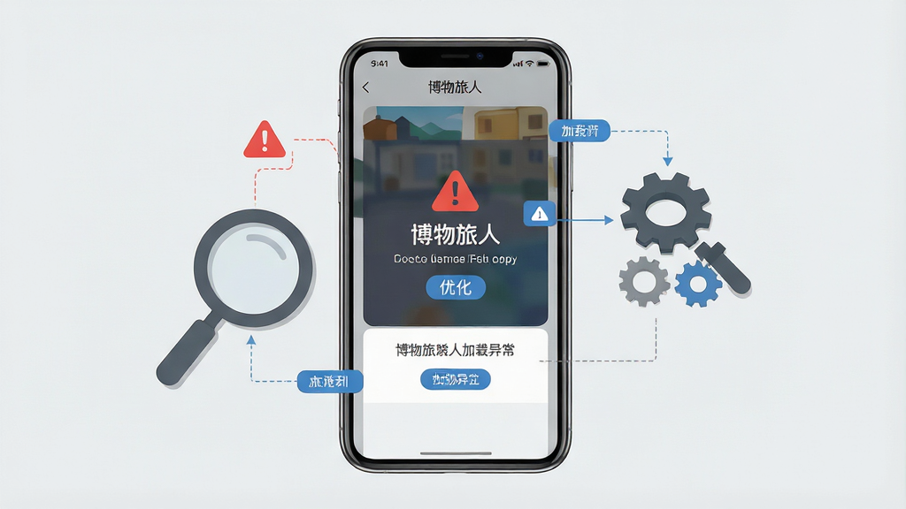 一张手机应用问题排查场景图,画面中央为一部手机,屏幕显示“博物旅人”加载异常提示页面,手机旁边放置一个放大镜和齿轮图标,背景为浅灰色,布局为居中构图,风格为简洁信息图,细节包括红色警示标识、蓝色优化标签和清晰的文字说明区域,画质干净,无多余元素