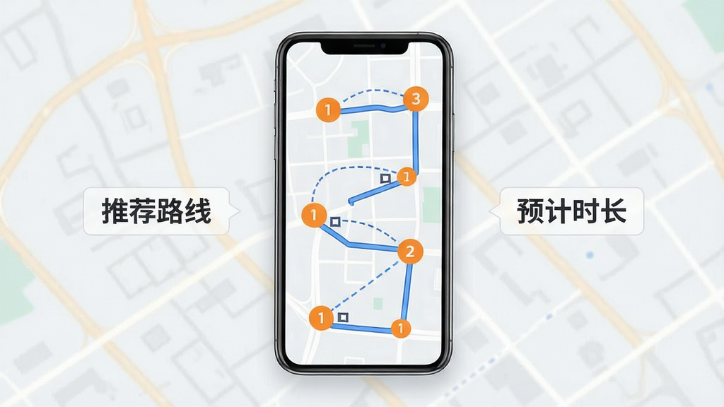 一张路线规划界面示意图,画面主体为手机屏幕上的地图路线图,路线上标注了多个展馆节点和编号,节点之间有虚线连接,手机旁边配有“推荐路线”“预计时长”等文字标签,布局为手机居中、标签环绕,风格为简约商务风,细节包括浅灰色地图底纹、蓝色路线线条和橙色节点圆点,画质清晰,无杂乱元素