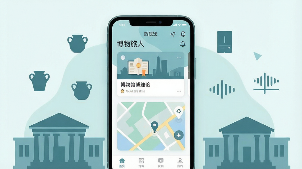 一张展示手机应用界面的场景图,画面中央是一部竖屏智能手机,屏幕上显示“博物旅人”应用首页,包含博物馆列表卡片和导览地图元素,手机周围环绕着博物馆建筑剪影、展品图标和语音波形符号,整体布局为居中构图,风格为现代扁平化插画,细节包括柔和的蓝绿色调、清晰的图标层级和简洁的卡片排版,画质清晰,画面干净,无多余元素