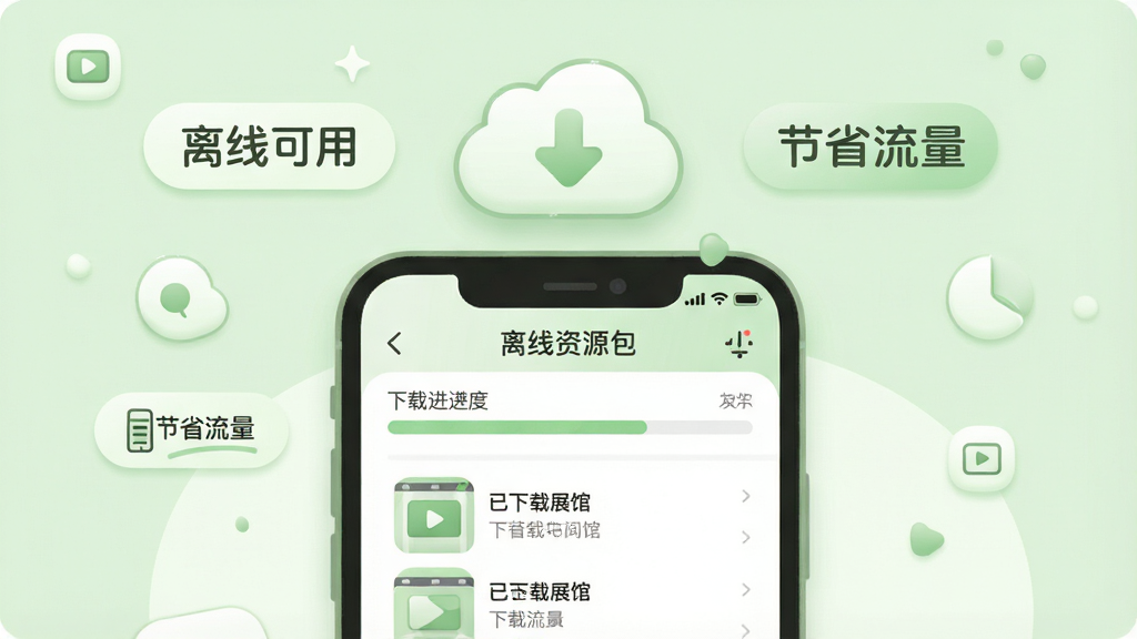 一张离线下载功能展示图,画面中央为手机界面,显示“离线资源包”管理页面,包含下载进度条和已下载展馆列表,手机上方悬浮一个云朵下载图标,周围有“离线可用”“节省流量”等文字标签,布局为上下结构,风格为柔和圆角插画,细节包括浅绿色调、圆润图标和清晰的进度条设计,画质干净,无多余元素