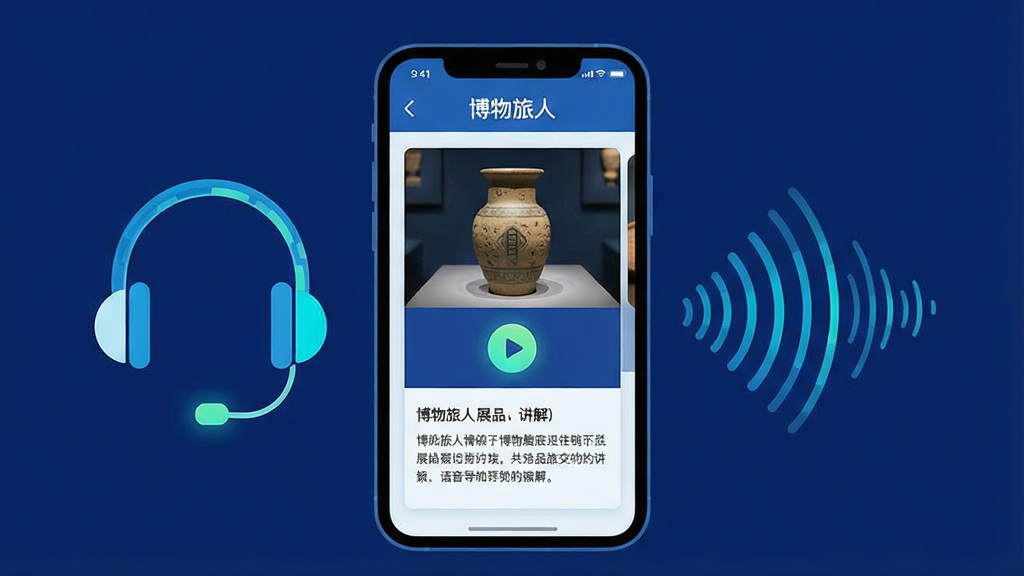 一张语音导览功能展示图,画面中央为一部手机,屏幕显示“博物旅人”展品讲解页面,页面中包含展品图片、播放按钮和文字介绍区域,手机两侧分别延伸出耳机图标和声波纹理,布局为对称式构图,风格为科技感扁平插画,细节包括深蓝色背景、亮色高亮按钮和清晰的文字模块,画质清晰,画面干净
