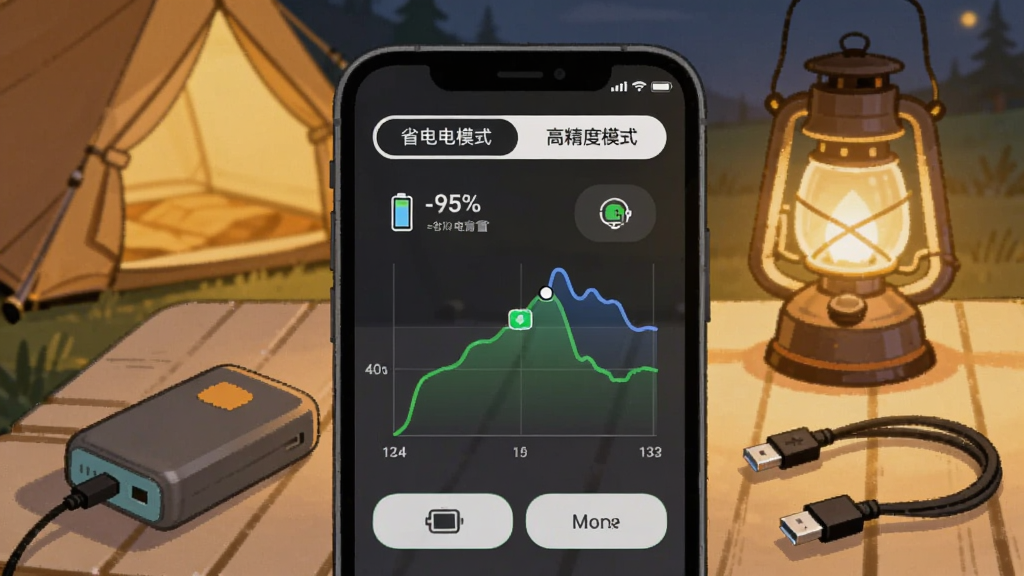 手机显示电量消耗曲线与记录模式选择界面,屏幕上方有省电模式与高精度模式两个选项卡,背景为帐篷与露营灯照亮的桌面,旁边放置充电宝与数据线,整体采用暖色调插画风格,布局手机居中,细节包括电量百分比与模式图标,画质清晰,画面简洁