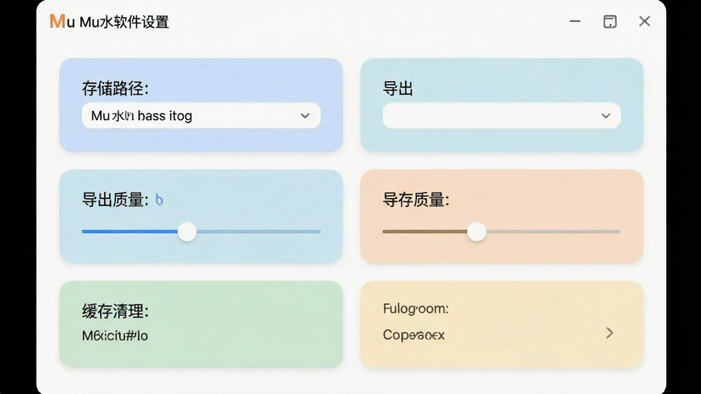 一张展示Mu水印软件设置界面的图片,包含存储路径选择、导出质量调节、缓存清理等选项,界面布局清晰,采用卡片式设计,配色柔和,画质干净,无多余装饰