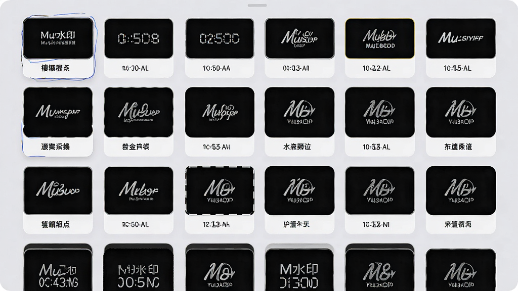 一张展示Mu水印模板选择界面的图片,界面中排列着多个水印样式卡片,包含文字、时间、Logo等不同类型,每张卡片下方标注模板名称,背景为柔和浅灰色,整体排版整齐,风格现代简约,画质干净清晰