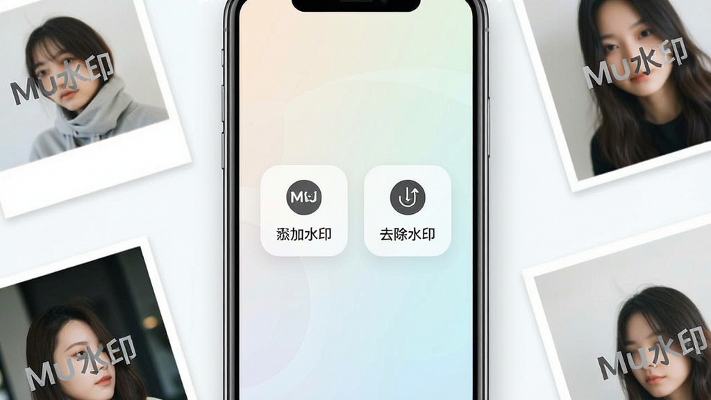 一张展示手机屏幕的图片,屏幕中央显示Mu水印软件的主界面,界面包含添加水印、去除水印、模板选择等图标按钮,背景为浅色渐变,周围散落几张带有水印的示例照片,整体风格简洁清新,画质清晰干净,无多余装饰元素