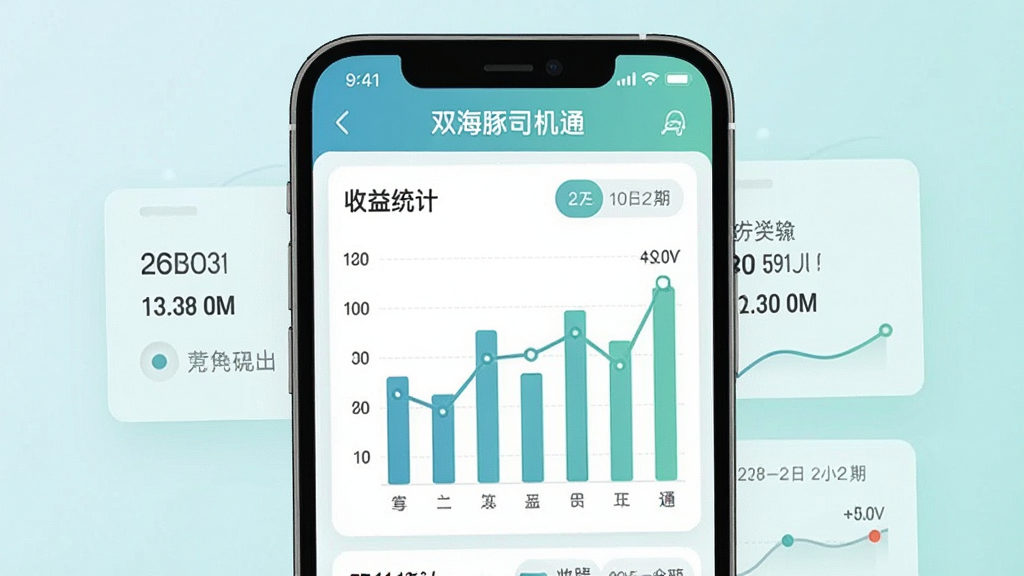 画面主体为手机屏幕展示收益统计图表,柱状图与折线图组合呈现,屏幕上方有“双海豚司机通”标题栏,布局为手机居中特写配合浅色数据卡片,风格为清新数据可视化插画,细节包含数字标签、日期切换按钮、柔和的蓝绿色调,画质干净清晰,无多余装饰元素