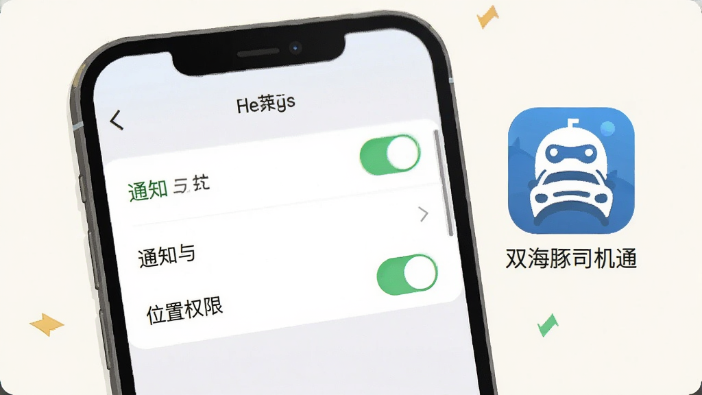 画面主体为手机屏幕显示应用权限设置页面,页面中列出通知与位置权限开关,旁边有“双海豚司机通”应用图标,布局为手机正面特写配合设置菜单展开,风格为简洁UI示意插画,细节包含权限开关按钮、文字标签清晰、浅色背景,画质干净锐利,无多余元素