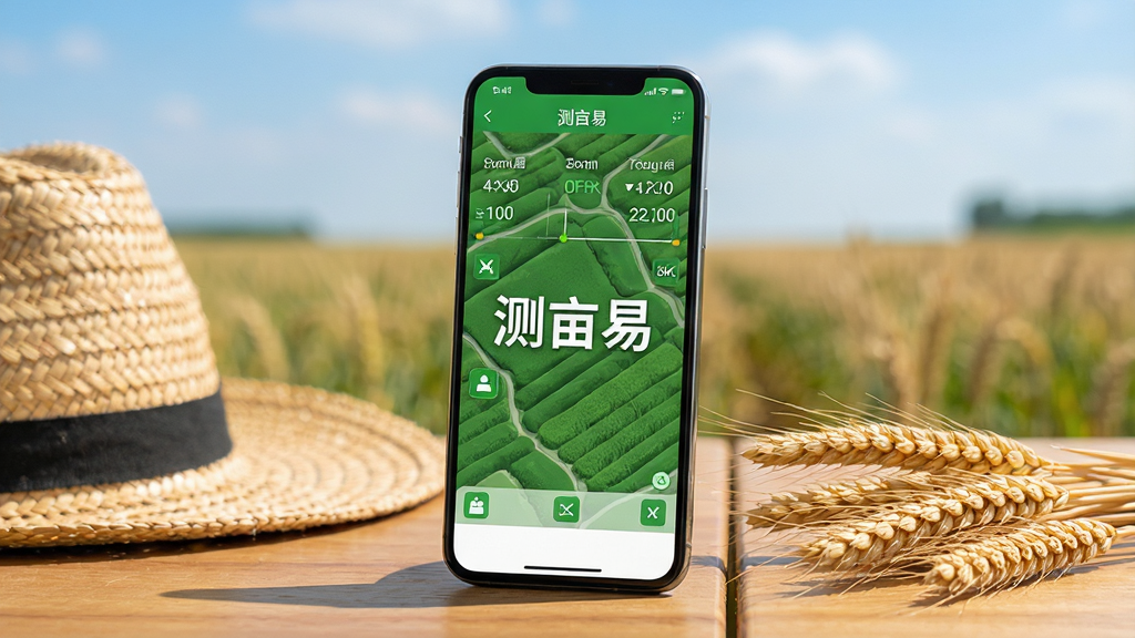 画面主体是一部智能手机,手机屏幕显示绿色田地图层与面积测量数据界面,屏幕中央有清晰的