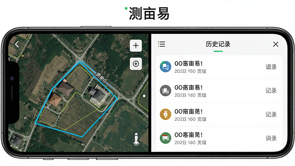 手机屏幕分屏展示测亩易地图勾画界面与历史记录列表,屏幕上方有