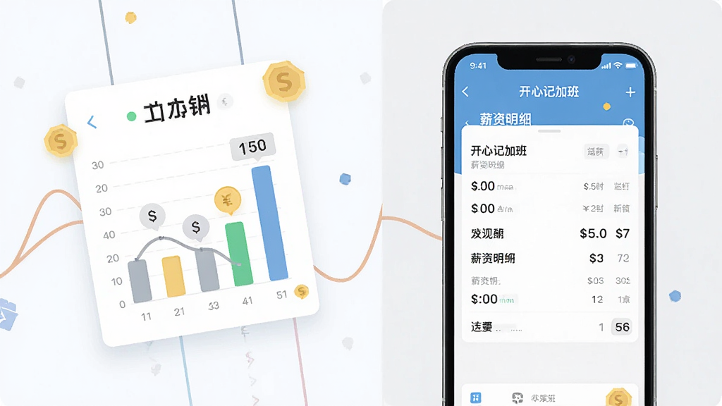 画面主体为一张悬浮的工资单图表与手机应用界面并排展示,手机屏幕显示「开心记加班」的薪资明细页面;布局采用左右分栏,左侧为数据图表,右侧为手机;排版清晰有序;风格为扁平化信息图表风;细节包括柱状图与数字标注、货币符号点缀;画质高清,干净无多余元素