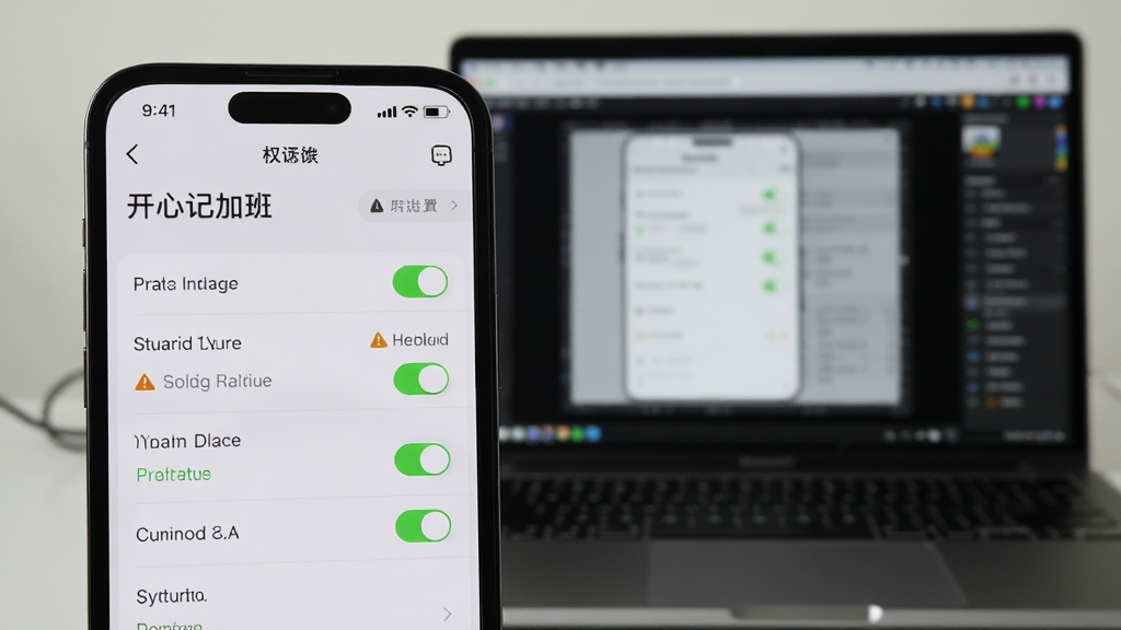 画面主体为一部手机屏幕显示「开心记加班」设置页面中的权限管理列表,旁边放置一台笔记本电脑显示模拟器界面;布局采用前后景分层,手机在前景清晰,电脑在背景虚化;排版突出手机权限开关;风格为写实数码风;细节包括权限开关高亮、警告图标点缀;画质高清,干净无多余元素