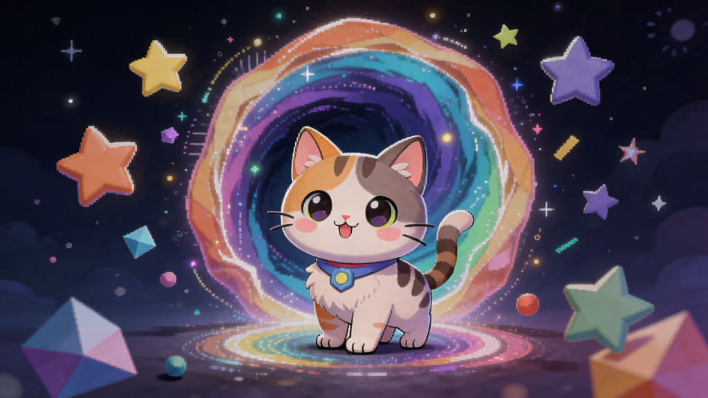 异次元的猫软件主界面预览图,画面中央是一只卡通猫咪站在多彩的异次元传送门前,周围漂浮着星星和几何图形,整体布局为手机屏幕竖版构图,风格清新可爱、色彩明快,细节丰富,画质清晰干净,无多余元素
