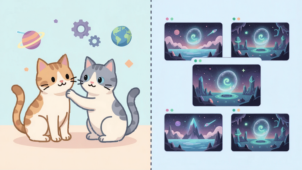 异次元的猫功能特色展示图,画面分为左右两部分,左侧展示猫咪互动场景,右侧展示多个异次元场景切换界面,中间用虚线分隔,整体风格统一为扁平卡通插画风,色调柔和,排版清晰,画质干净,无多余文字元素
