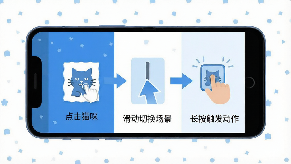 异次元的猫新手操作示意图,画面展示一部安卓手机屏幕,屏幕上用箭头标注“点击猫咪”“滑动切换场景”“长按触发动作”三个操作区域,风格为简洁扁平化图标设计,配色以蓝白为主,排版清晰直观,画质干净,无杂乱元素