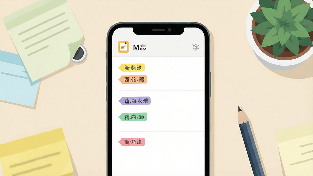 一张展示手机备忘录应用界面的场景图,画面中央是一部竖屏智能手机,屏幕上显示简洁的备忘录列表界面,包含几条彩色标签的记事条目,手机周围散落着便签纸、铅笔和小盆栽,整体布局干净清爽,风格为现代扁平化插画,细节上突出记事本图标与文字条目,画质清晰锐利,画面干净无多余元素,背景为浅米色