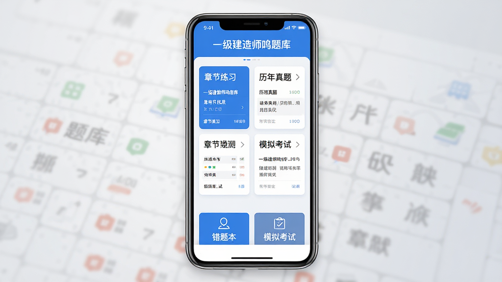 手机屏幕中央展示一级建造师鸣题库软件界面,界面为清爽的蓝白配色,顶部显示“一级建造师鸣题库”字样,中间为章节练习与历年真题卡片式布局,下方有错题本和模拟考试入口,背景为浅灰色渐变,风格简洁现代,细节清晰,画质干净,无多余元素