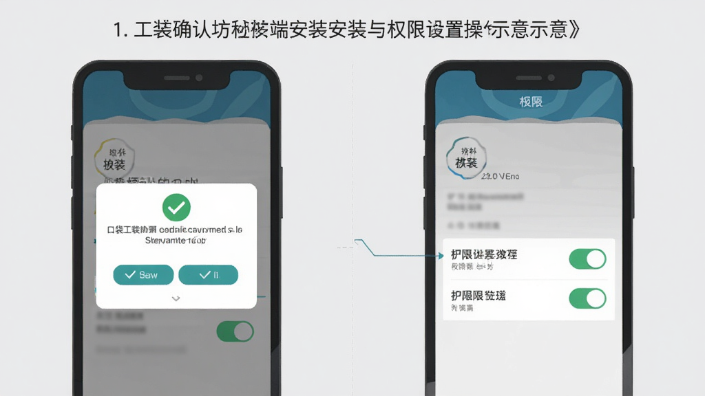 口袋工坊移动端安装与权限设置操作示意,主体为手机屏幕上的安装确认弹窗与权限开关界面,布局为上下分层展示两个操作步骤,排版清晰有序,风格为扁平化教程插画,细节包含对勾图标、权限开关、浅灰背景,画质高清干净无多余元素