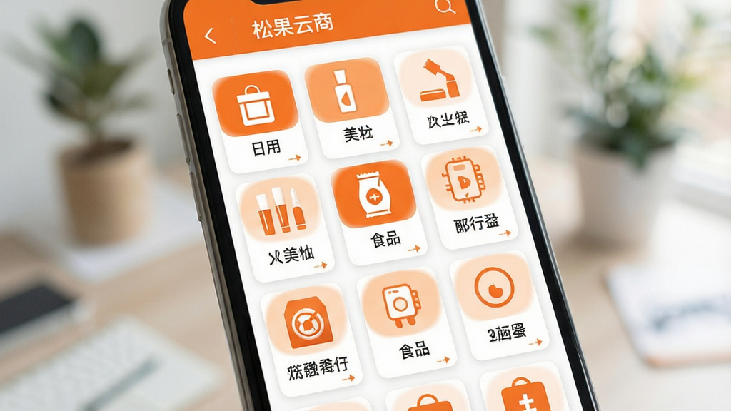 松果云商商品分类页面展示图,画面为一部手机屏幕特写,屏幕中呈现整齐的商品分类网格,包含日用、美妆、食品、数码等图标,配色以橙色和白色为主,背景虚化处理,风格清爽干净,画质高清,无多余装饰元素