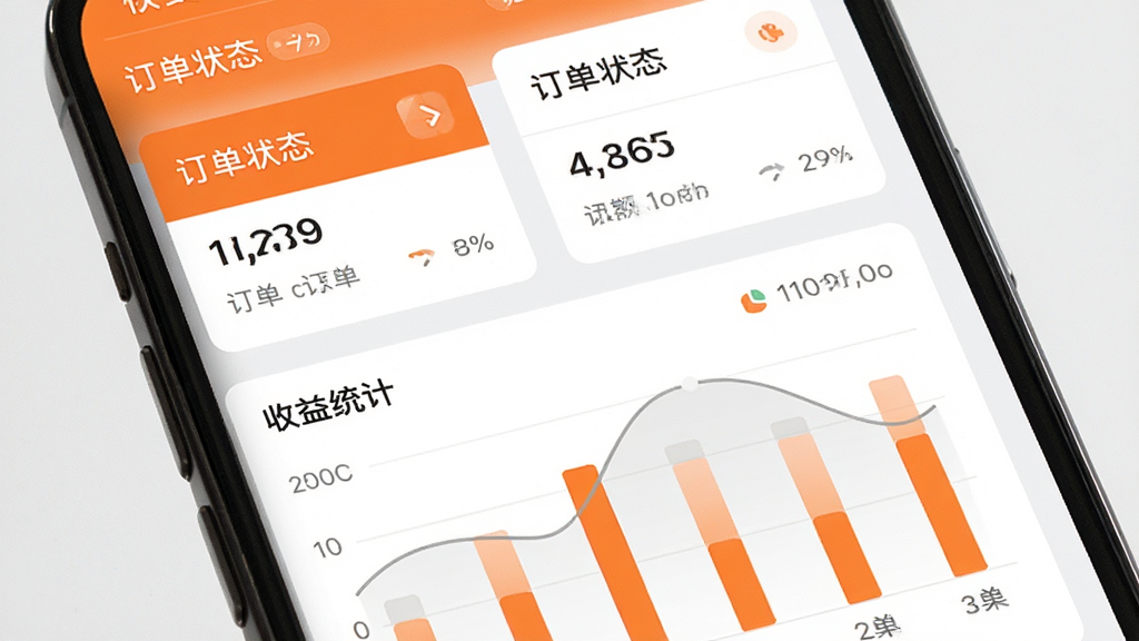 松果云商订单管理与收益看板界面图,画面为手机屏幕特写,屏幕上半部分显示订单状态卡片,下半部分显示收益统计柱状图,配色为橙白与浅灰,风格清爽规整,背景为纯色浅底,画质高清,无多余元素